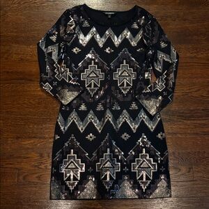 Express Black and Silver Geometric Sequin Midi Dress